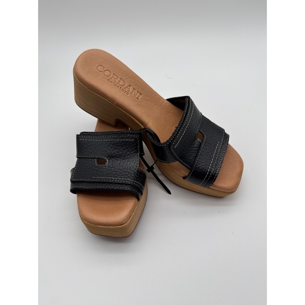 Cordani Black Pebbled Leather Wood Platform Block Heel Slide Sandals Size 38